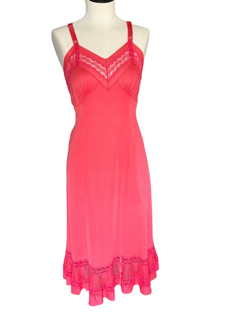 Vintage 50s Seamprufe Nylon Full Slip 32 Coral Red Lace Ruffle Lingerie Dress